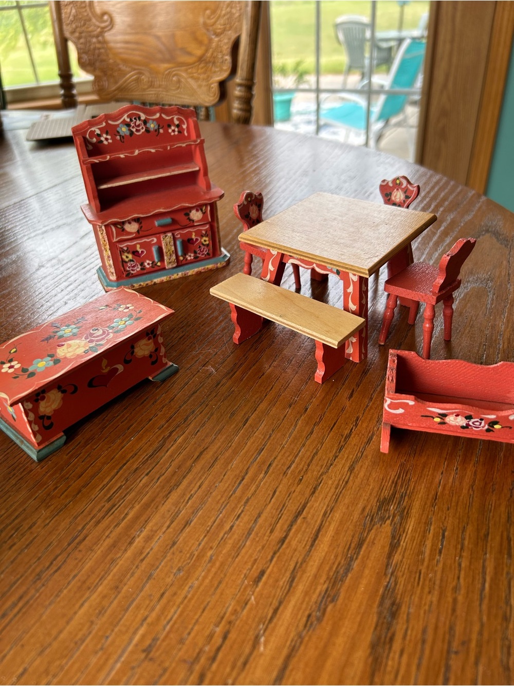Hand-Painted Red Miniature Dollhouse Furniture Set - Floral Motif